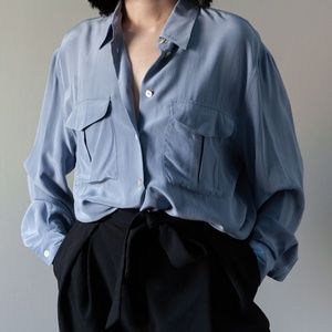 Vintage Matte Blue Long Sleeve Button Shirt Top